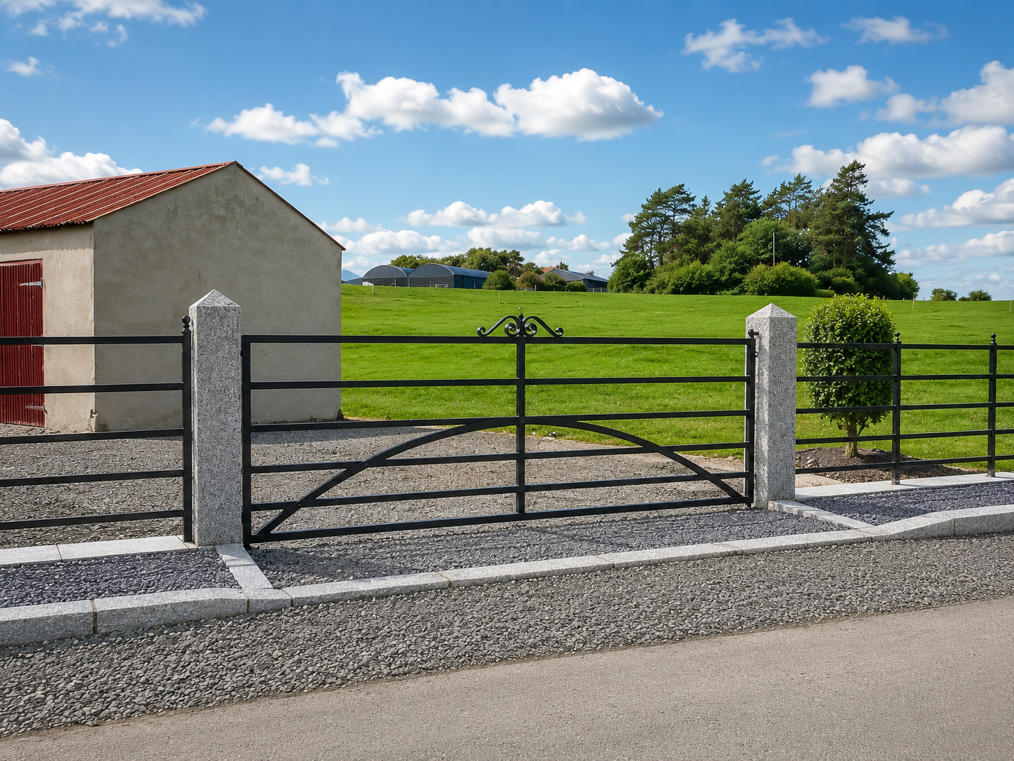 Arched steel field gate with granite posts at a farm entrance, Co. Louth