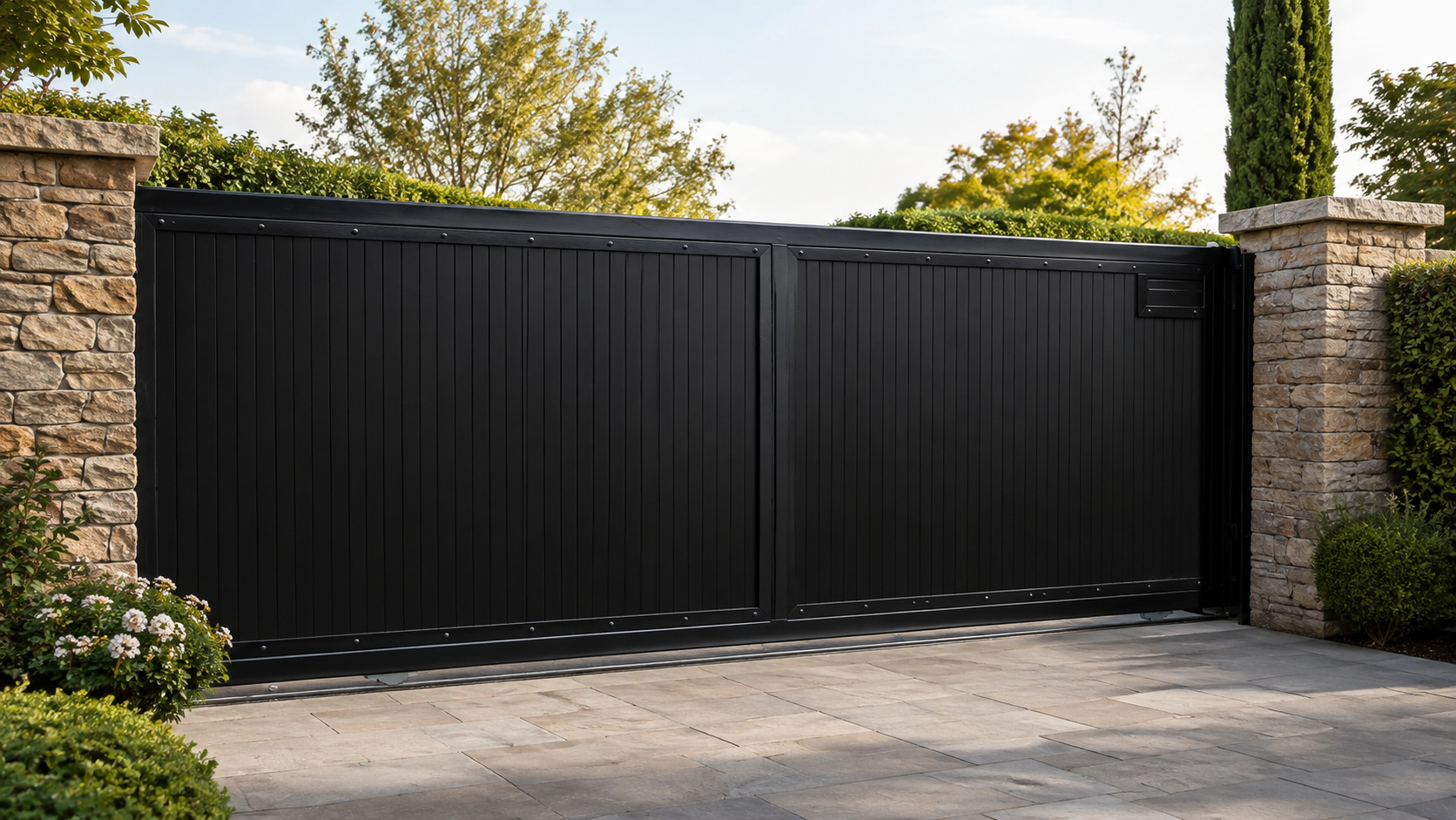 Black boarded gate between stone piers