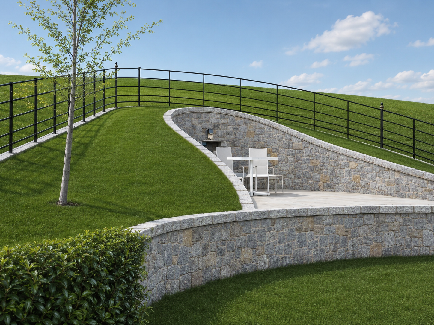 Curved residential steel railings on a stone boundary wall by Marmion Engineering