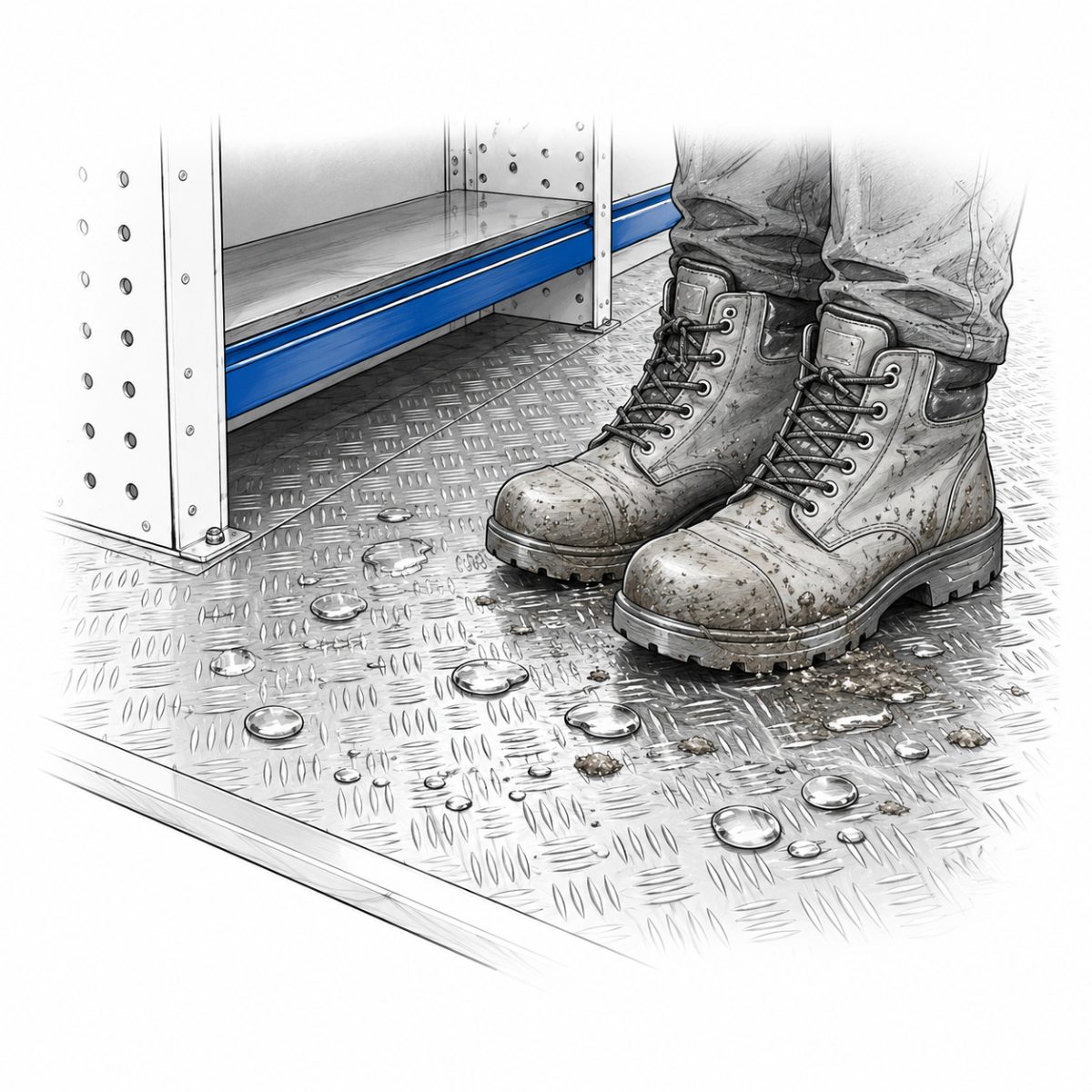 Durable chequer-plate van floor handling wet muddy work gear