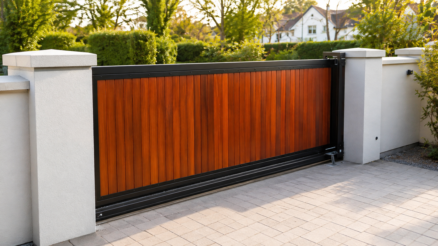 Electric residential sliding gate with hardwood infill — Marmion Engineering