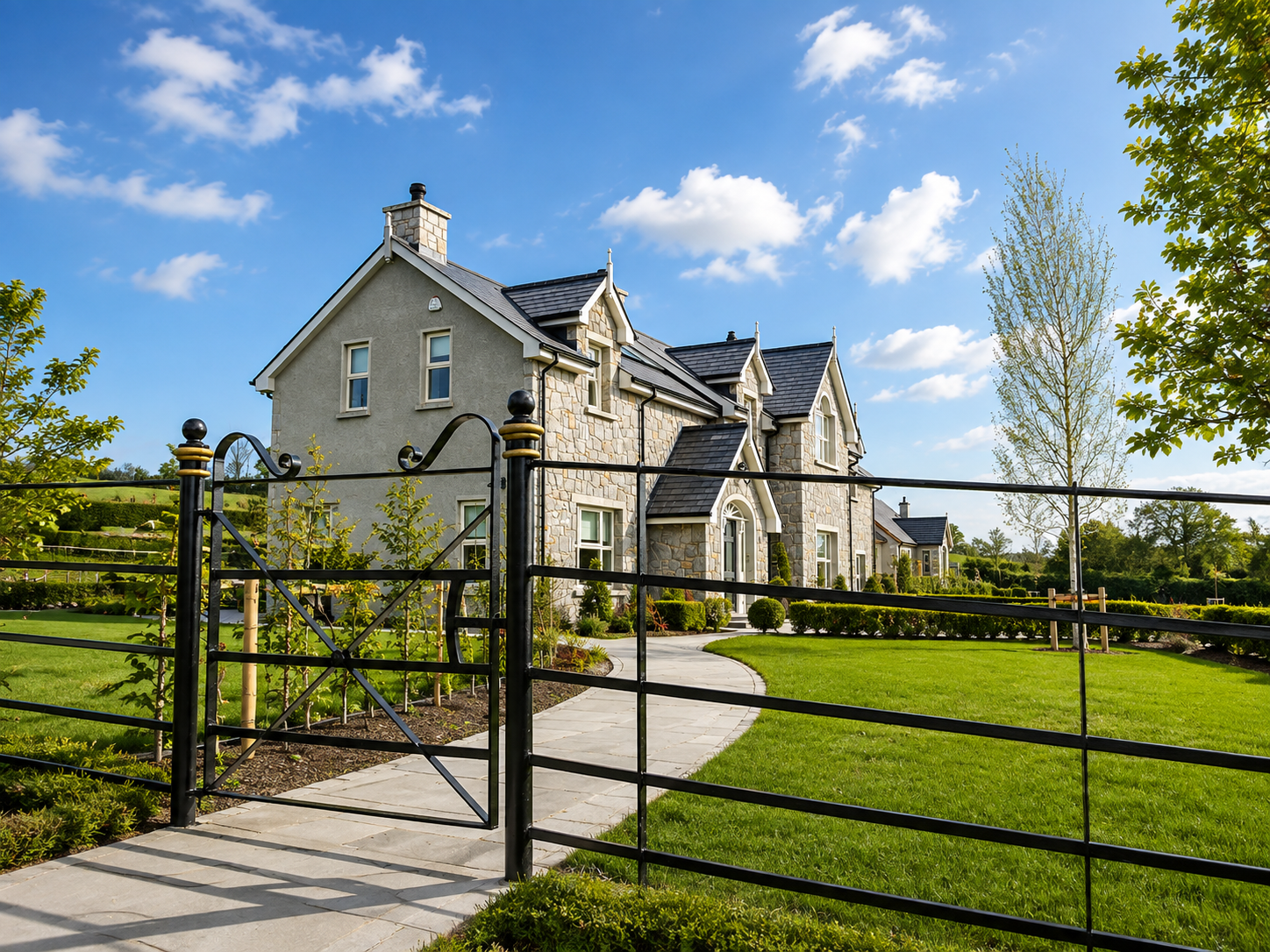 Estate gate and railings at a stone country house in Co. Cavan