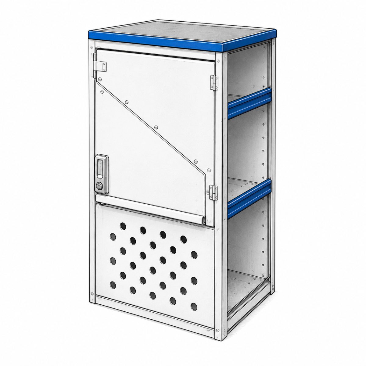 Lockable van toolbox with perforated front panel