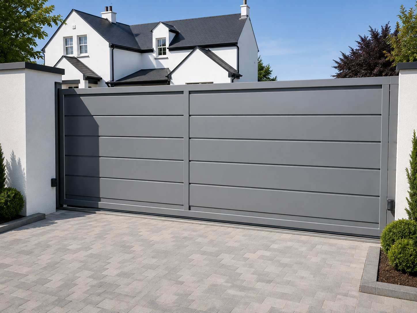 Modern residential steel driveway gates fabricated by Marmion Engineering