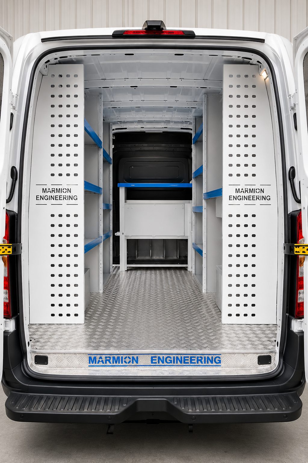 Perforated aluminium van panels branded Marmion Engineering