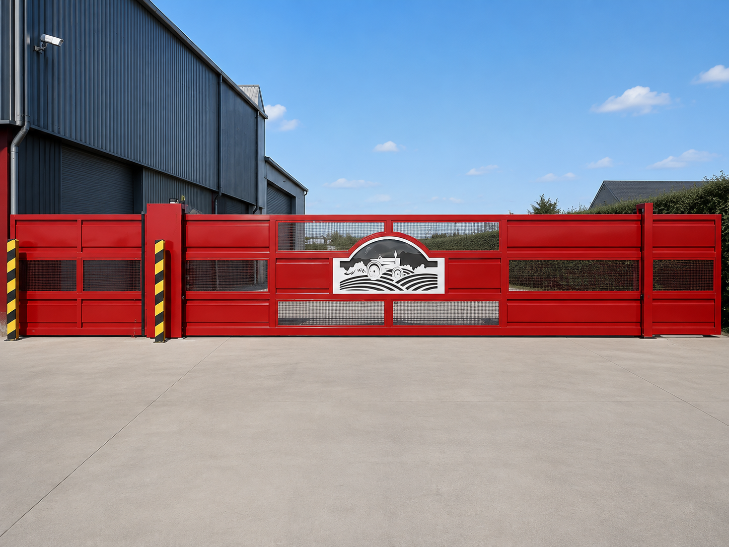 Red commercial sliding gate with laser-cut decorative panel at an industrial site