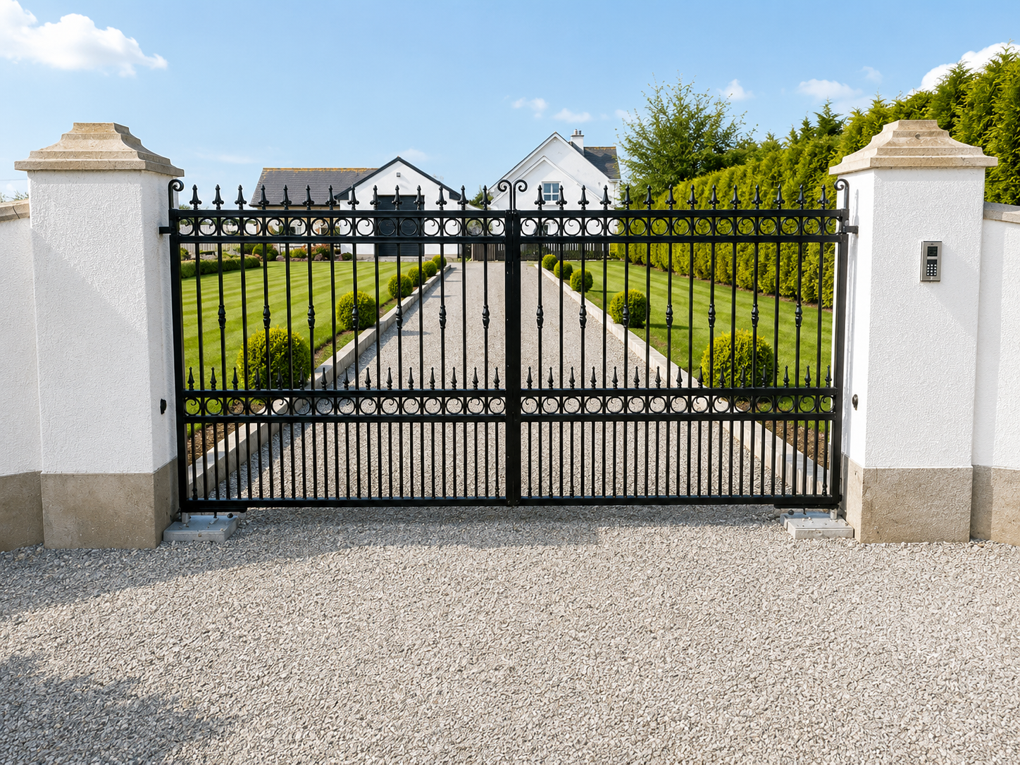 Spear-top double driveway gates on rendered piers