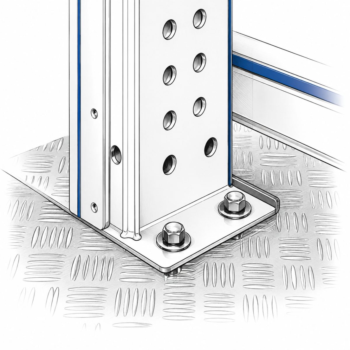 Van racking bolted to chequer-plate floor for crash safety
