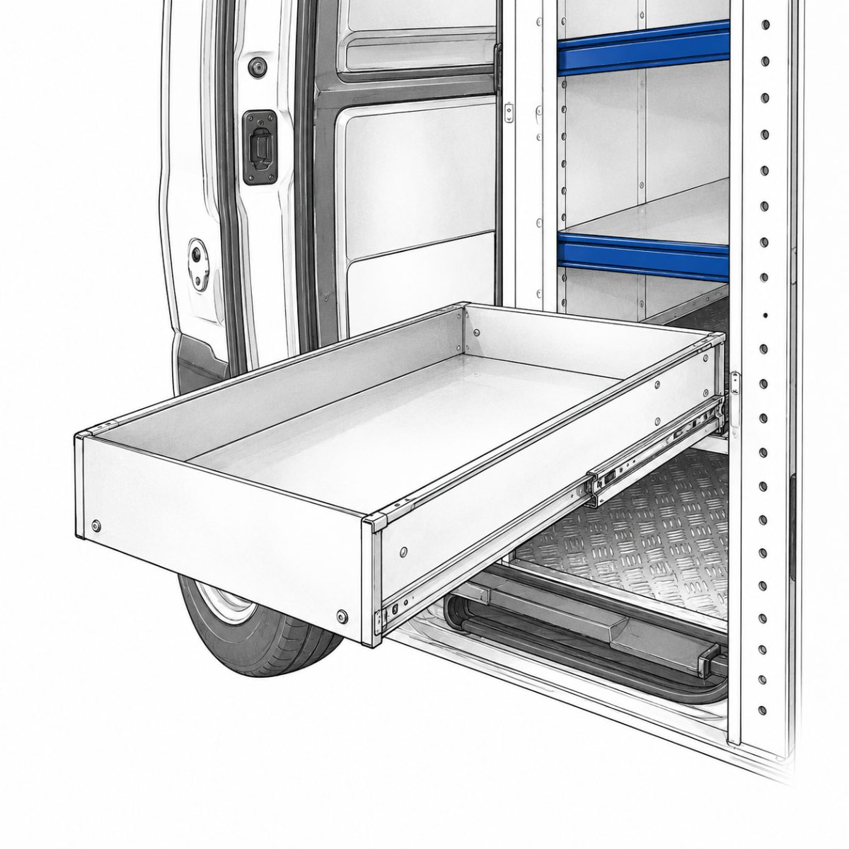 Slide-out tray extended through van side door